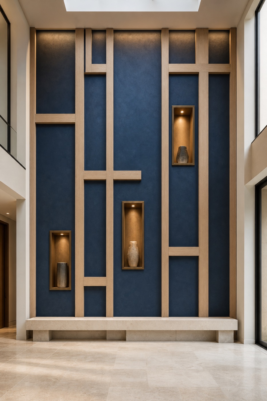 White Oak Lattice and Cobalt Foyer Wall