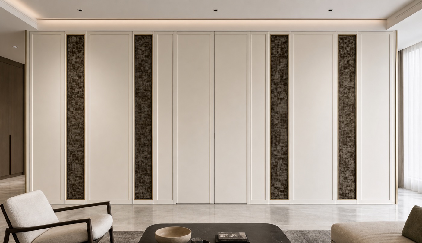 Chalk Lacquer and Bronze Mesh Door Wall