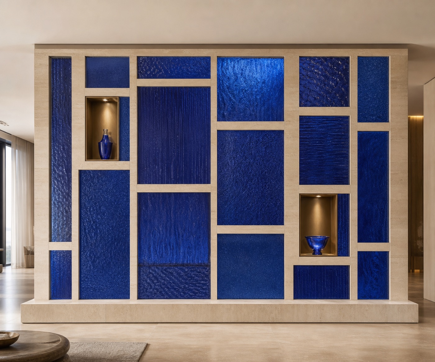 Cobalt Glass and Limestone Grid Wall