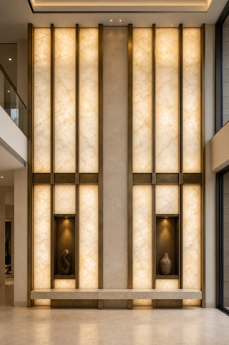 Alabaster Lantern and Bronze Foyer Wall
