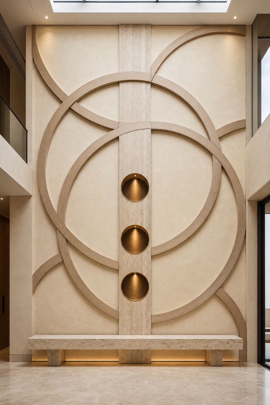 Oak Rings and Lime Plaster Foyer Wall
