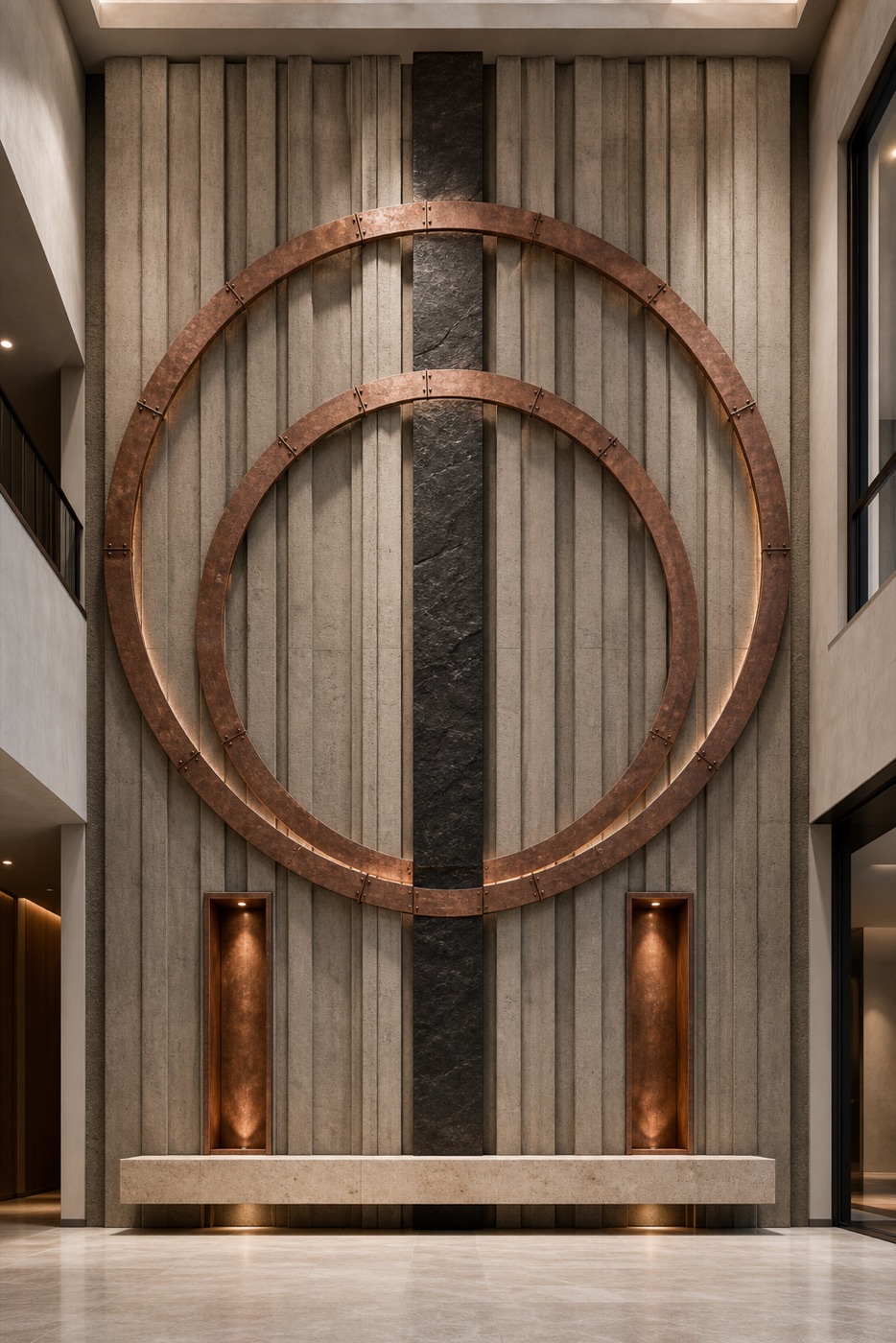 Concrete Ribs and Copper Halo Foyer Wall