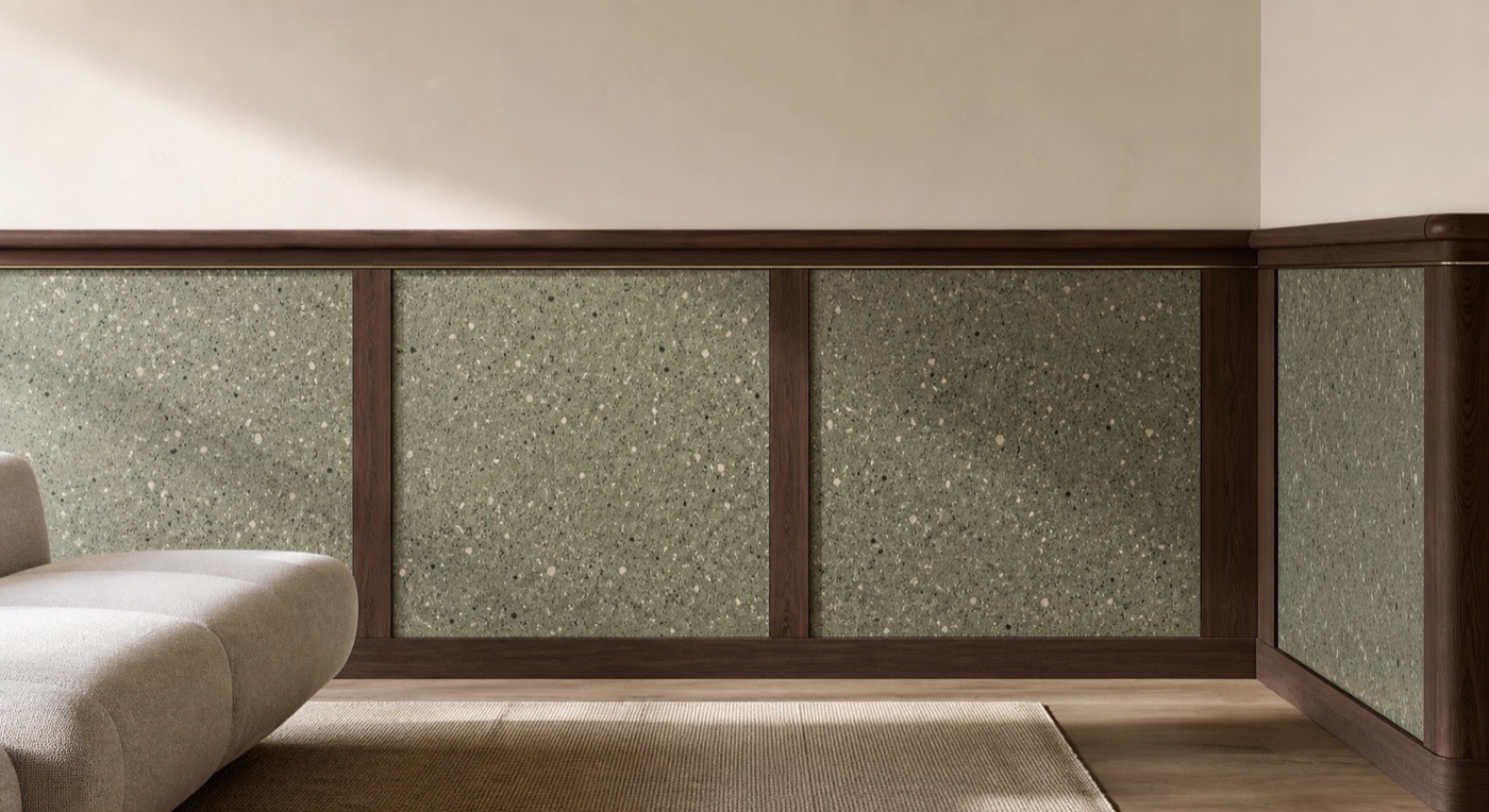 Moss Terrazzo and Walnut Wainscot