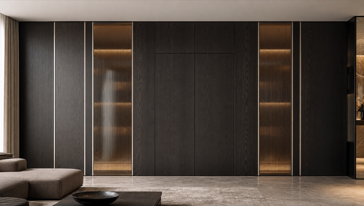 Fluted Glass and Ebonized Oak Door Wall