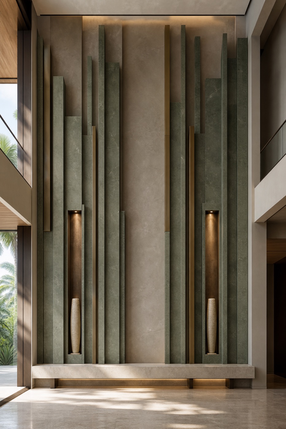Jade Stone Fins and Brass Foyer Wall
