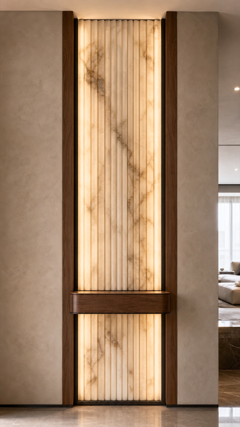 Ribbed Alabaster and Walnut Entry Panel