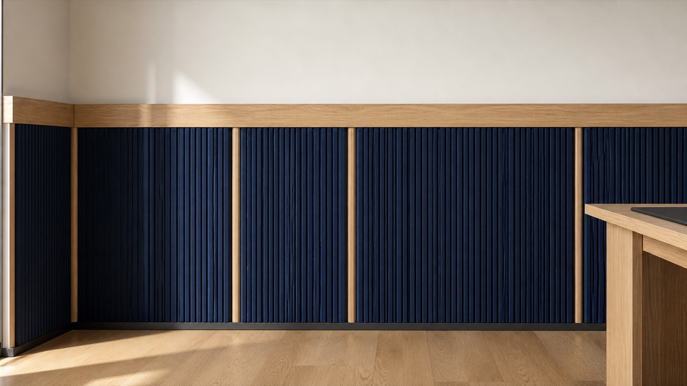 Navy Felt and Oak Acoustic Wainscot
