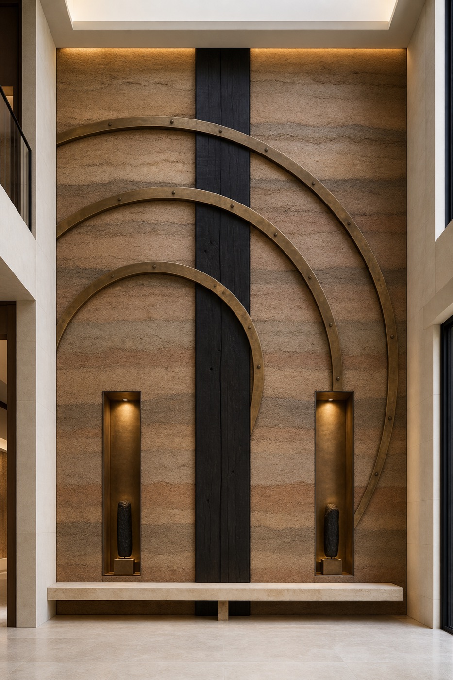Rammed Earth and Brass Arc Foyer Wall