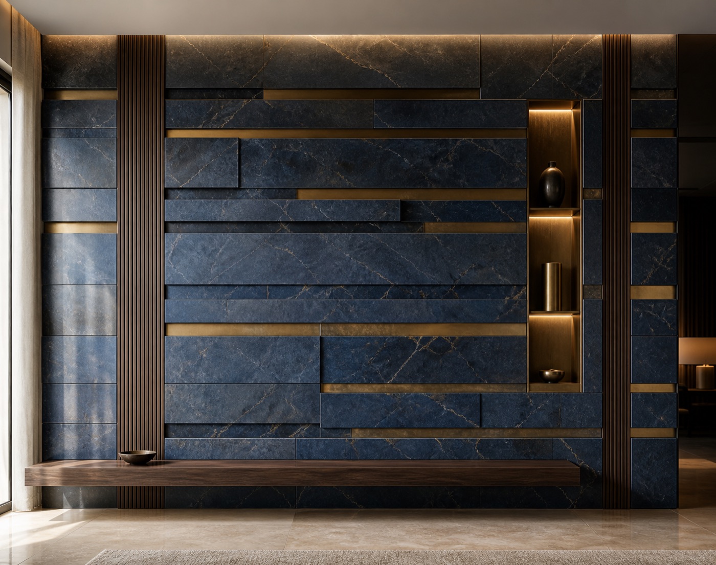 Blue Marble and Brass Strata Wall