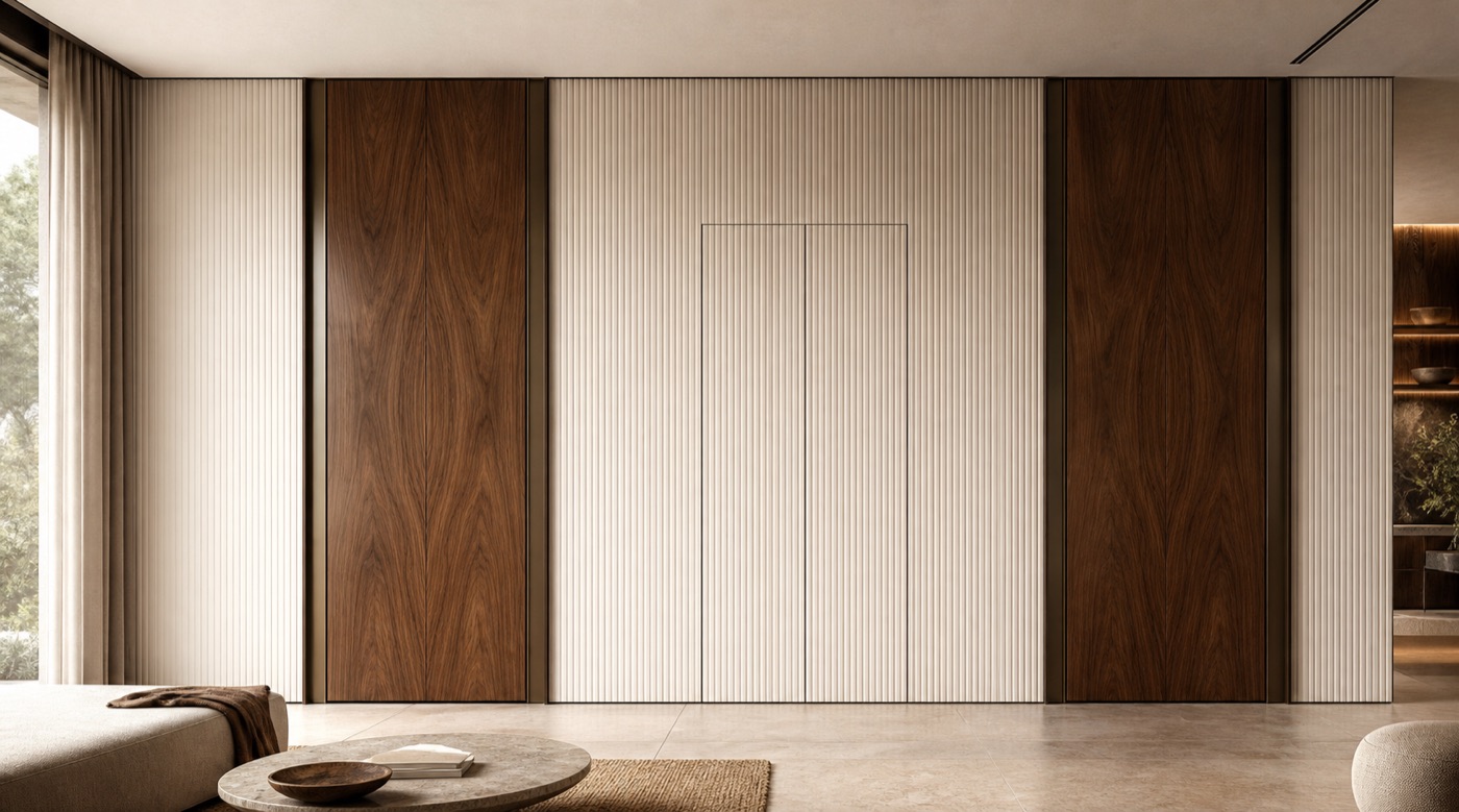 Ribbed Plaster and Walnut Door Wall