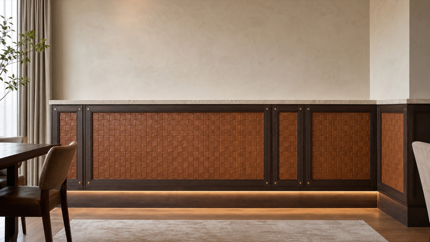 Woven Leather and Fumed Oak Wainscot