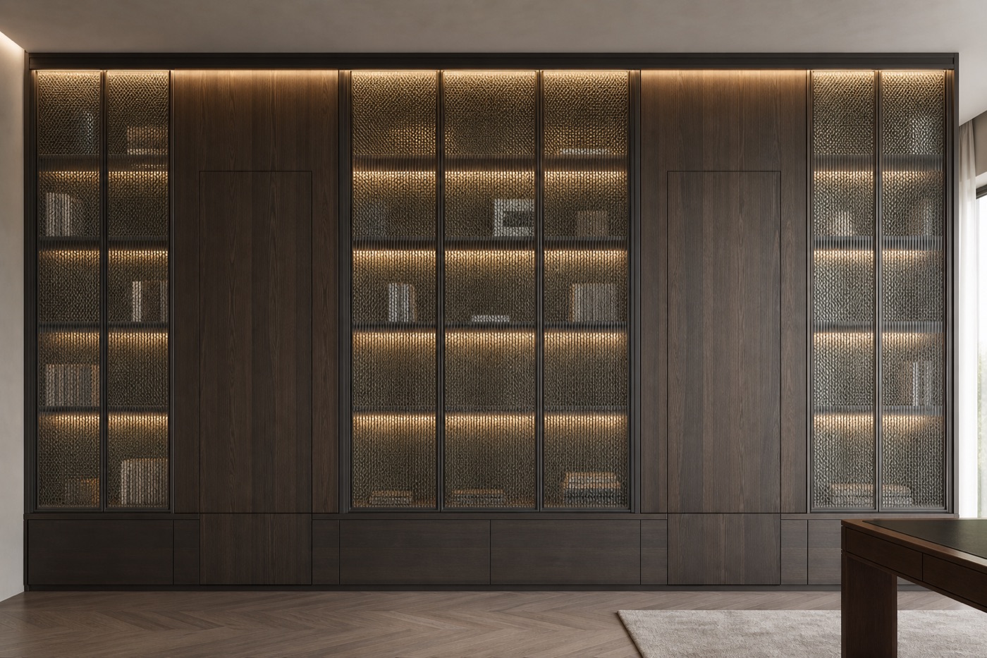 Reeded Mesh and Smoked Ash Library Wall