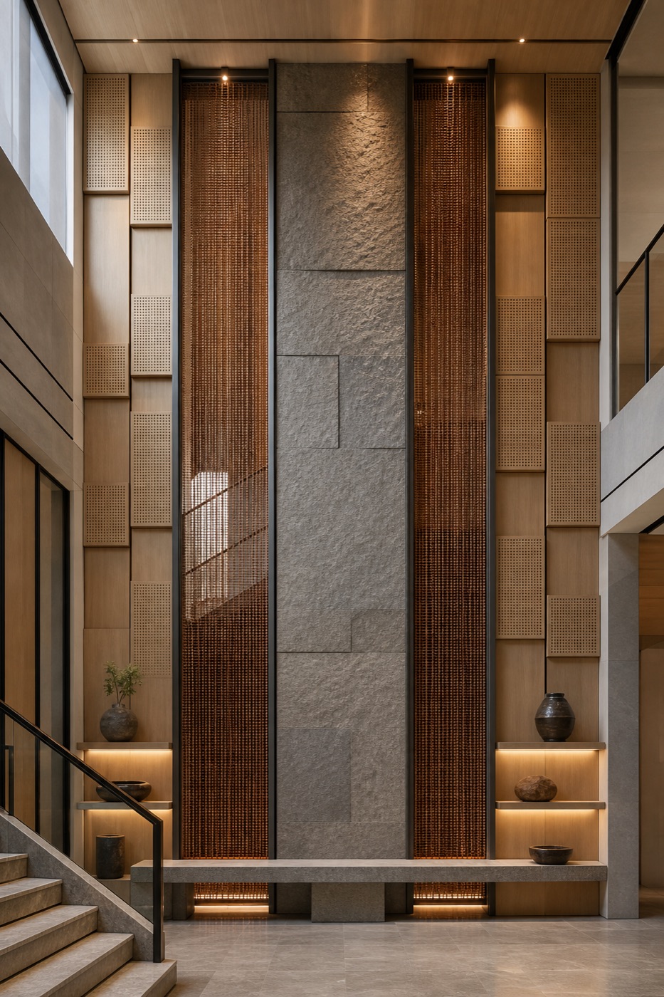 Granite and Woven Copper Stair Hall Wall