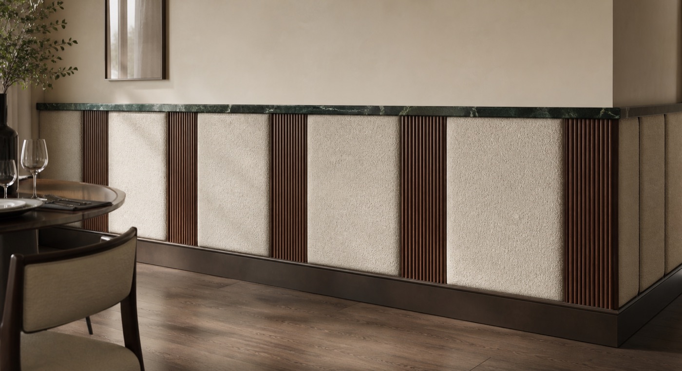 Boucle Walnut and Verde Marble Wainscot