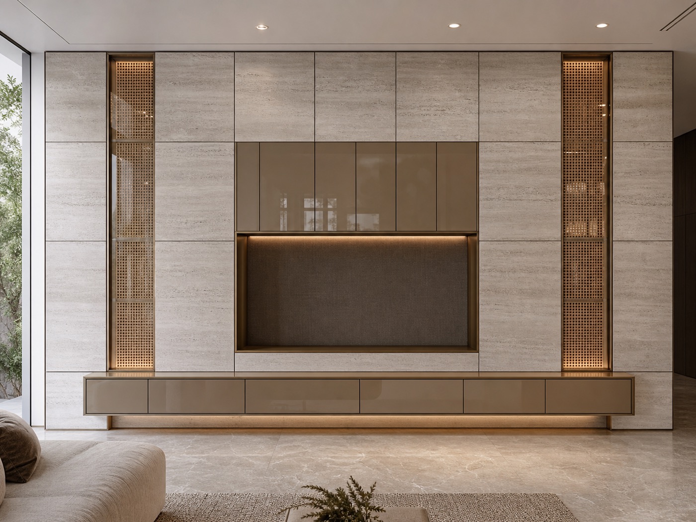Travertine loom and lacquer media wall