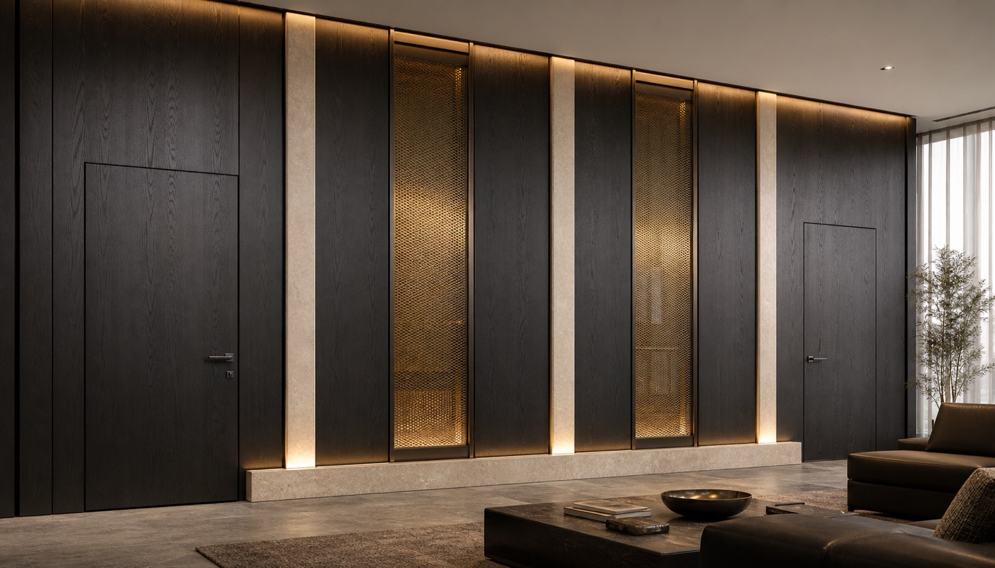 Oxidized Brass and Ebonized Oak Pivot Wall