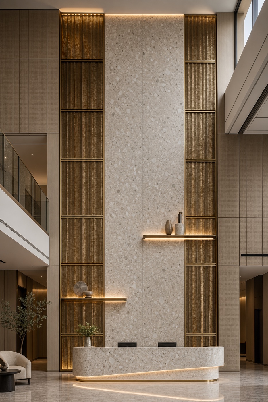 Pearl Terrazzo and Pleated Bronze Lobby Wall