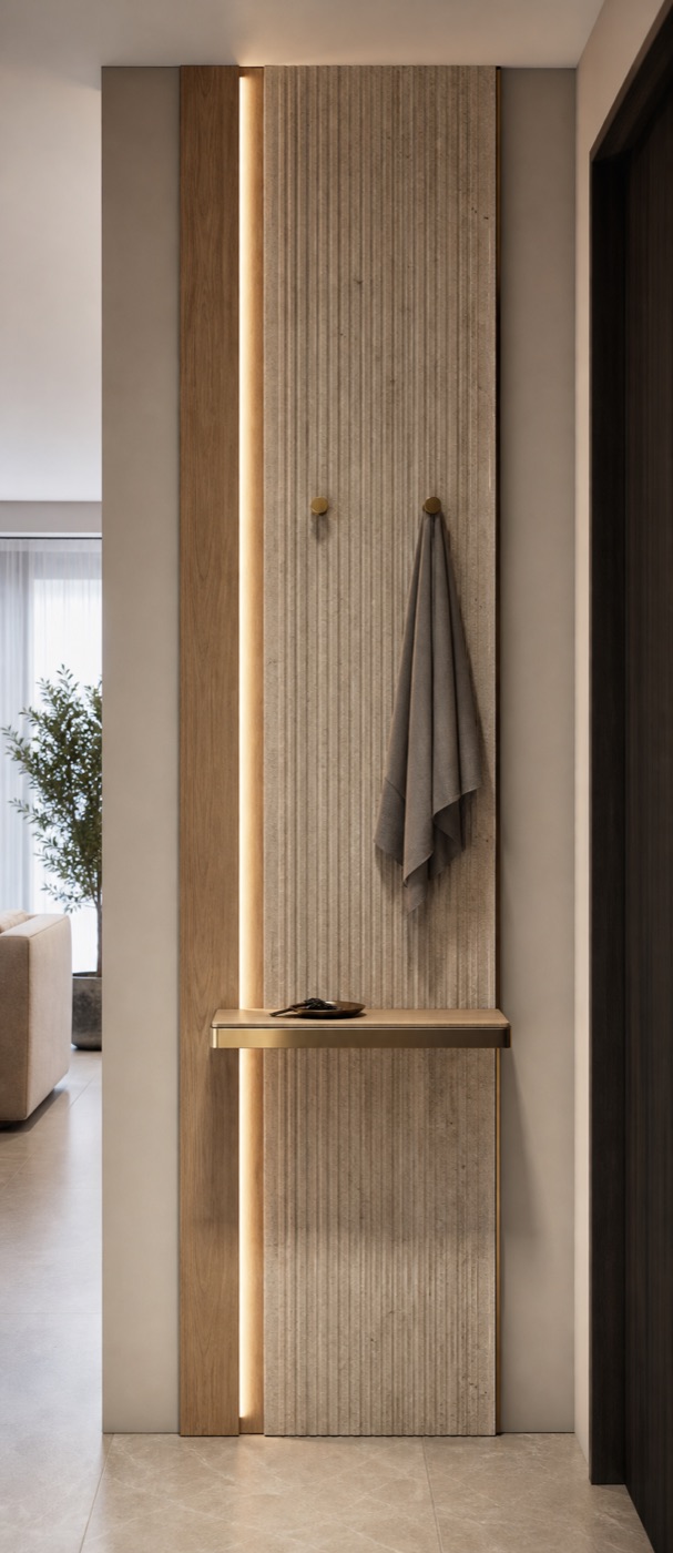 Fluted Limestone and Oak Entry Panel