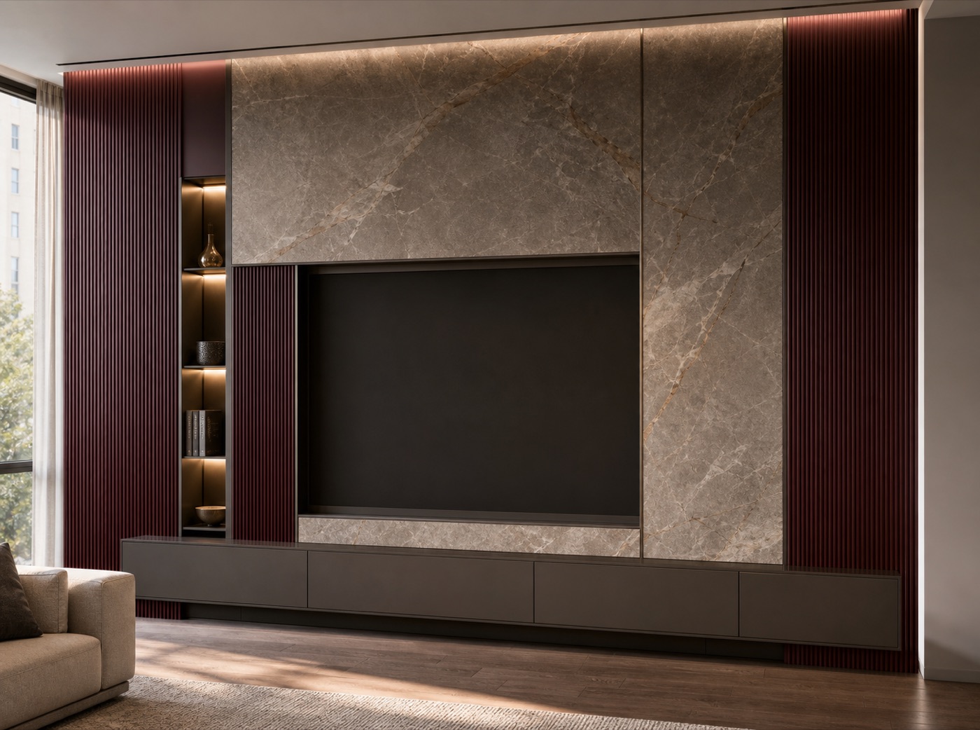 Quartzite and Burgundy Lacquer Media Wall