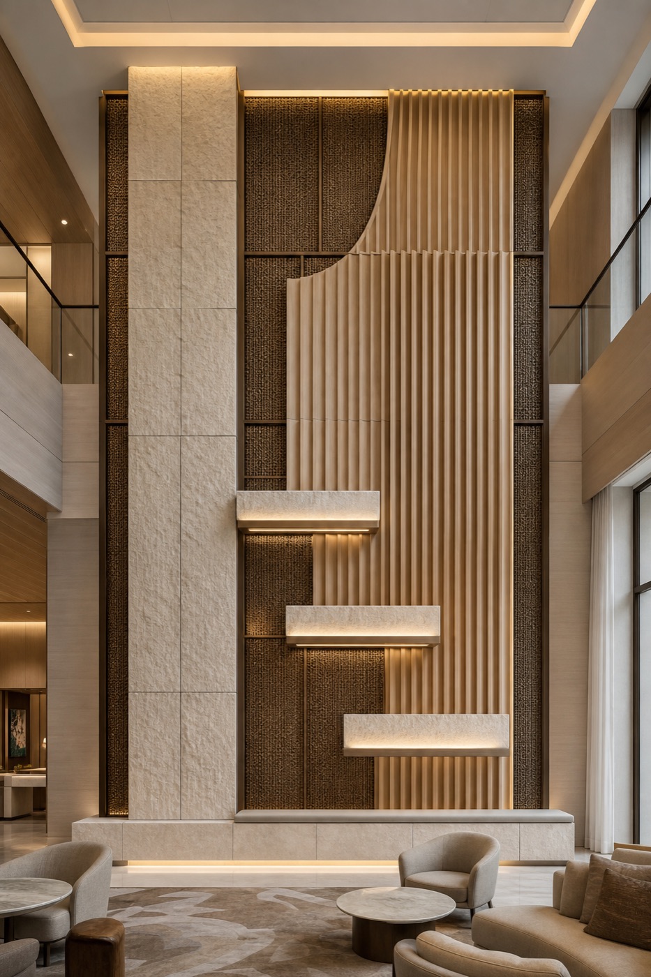 Cleft Limestone and Woven Bronze Atrium Wall